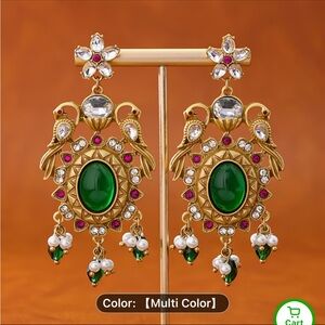 Ornate Gold and Green Drop Earrings